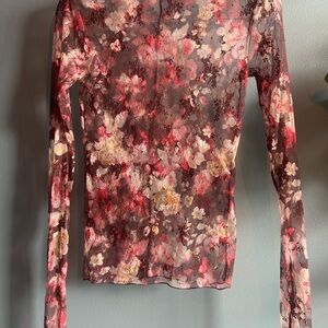 Free People Floral Long Sleeve Mesh Blouse - Red, Pink, Cream